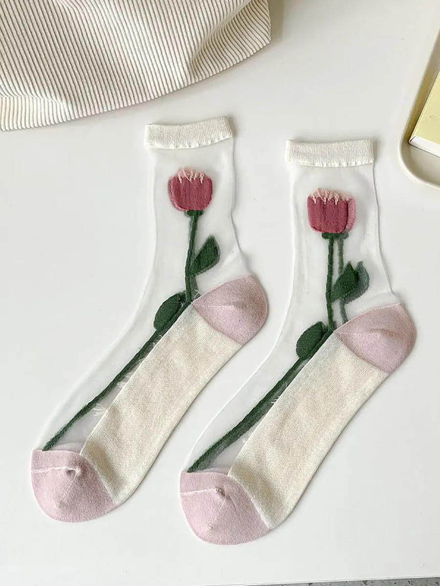 5 Pairs Women Artsy Summer Flower Jacquard Thin Socks CX040