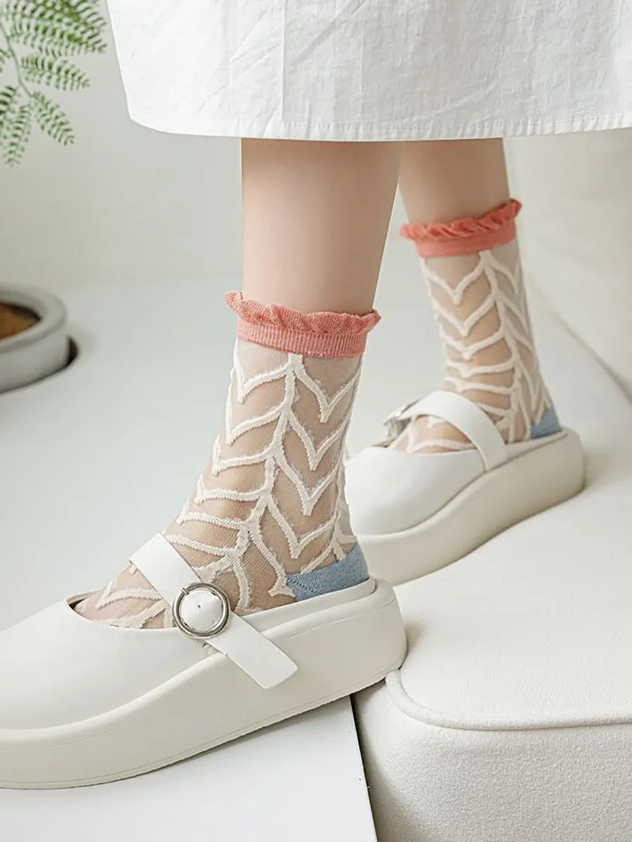 5 Pairs Women Artsy Summer Flower Jacquard Thin Socks CX040