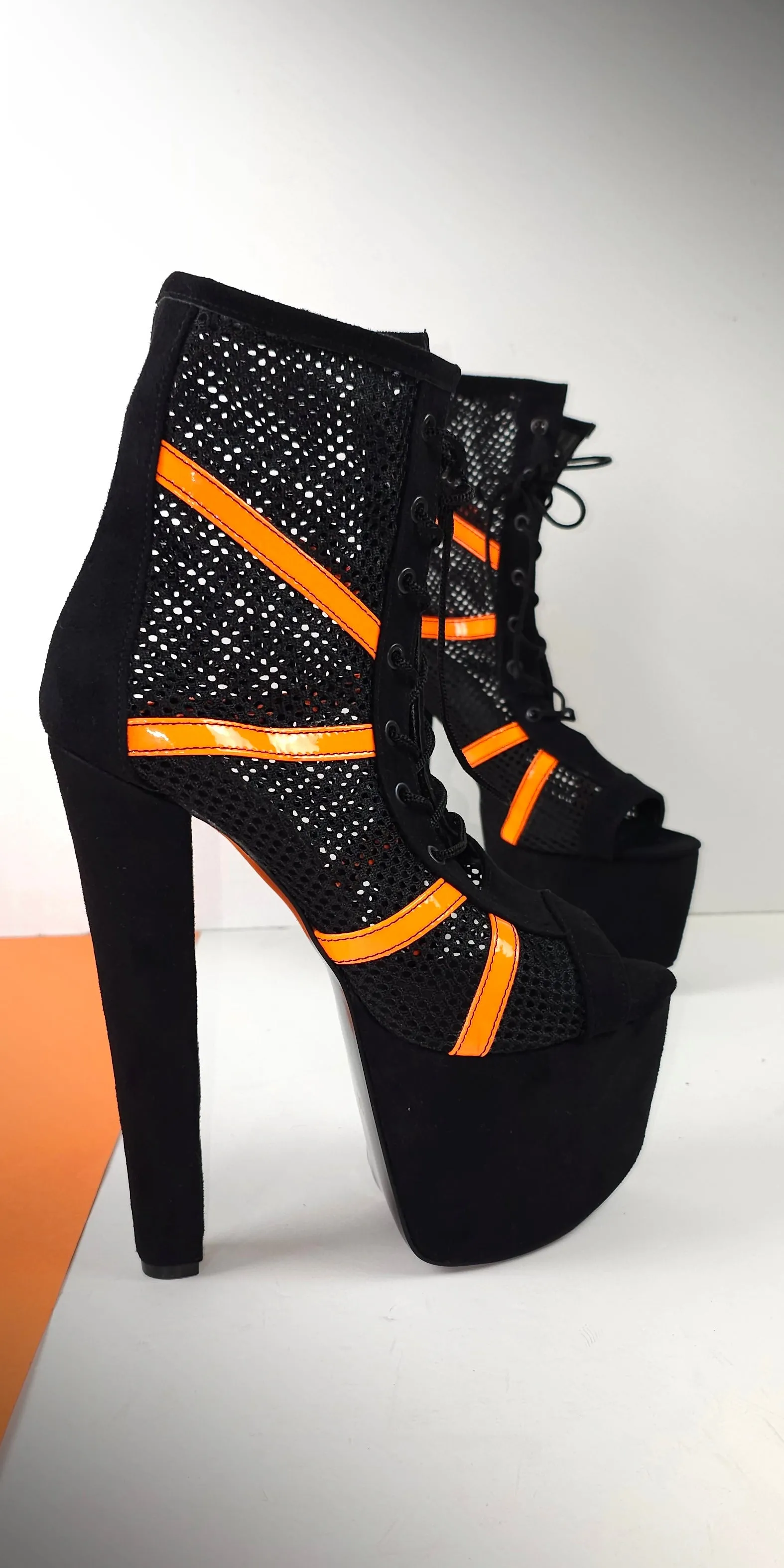 Black Orange Fishnet Platform High Heel Booties