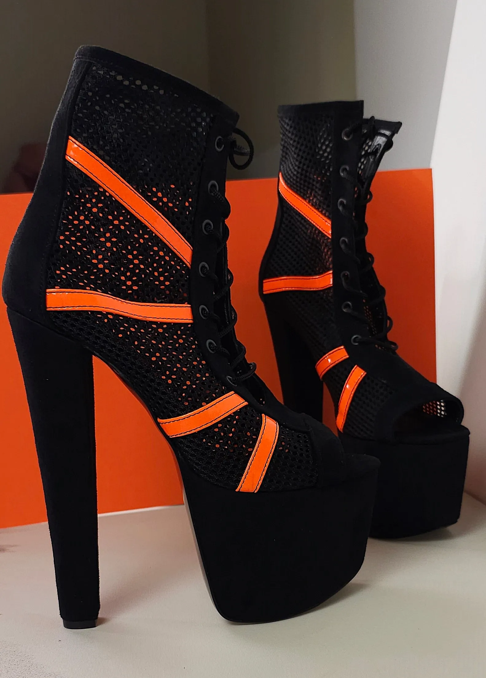 Black Orange Fishnet Platform High Heel Booties