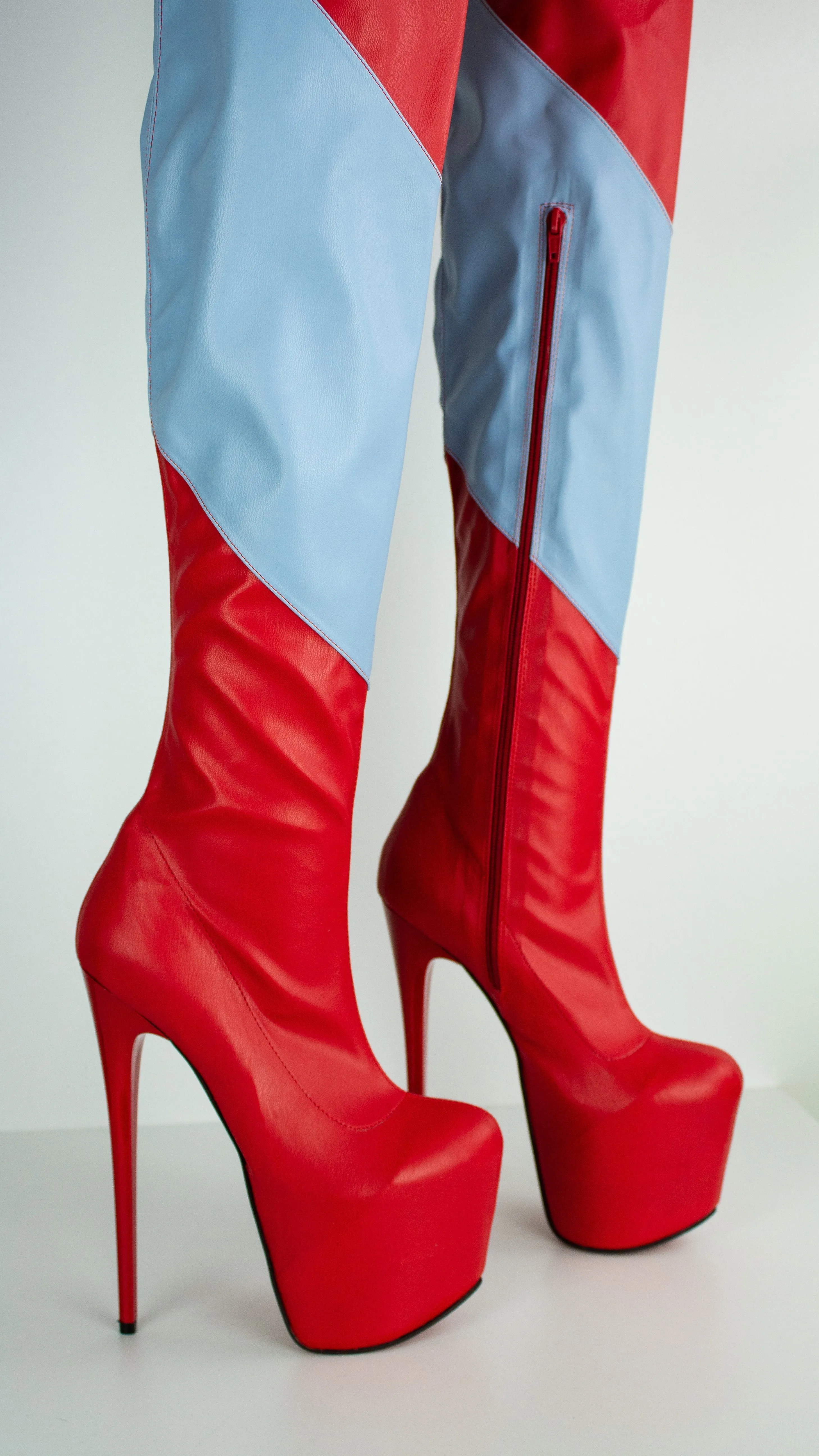 Blue Red Soft Thigh High Long Pencil Boots