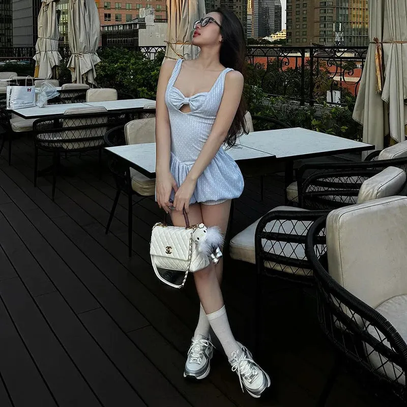 Bow Lace Up Backless Hollow Suspender Sweet Ball Gown Party Club Mini Dress