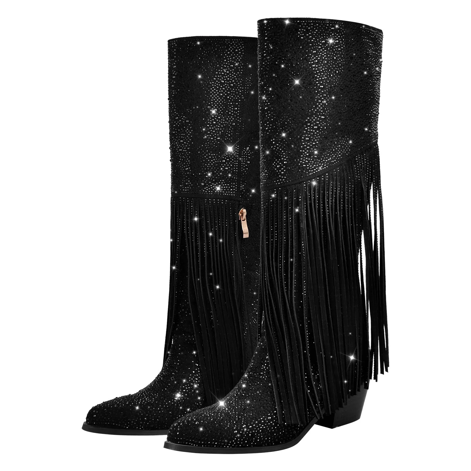 Chunky Heel Rhinestone Tassel Thigh High Boots