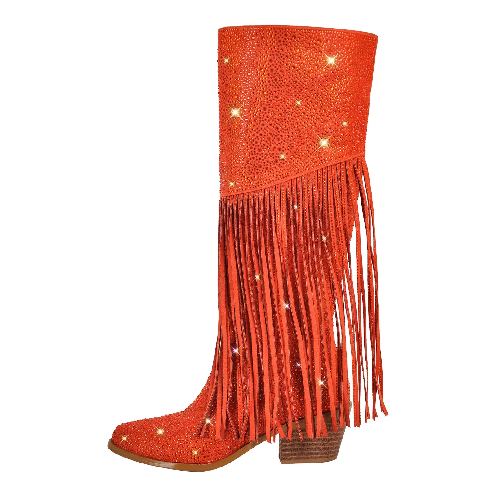 Chunky Heel Rhinestone Tassel Thigh High Boots