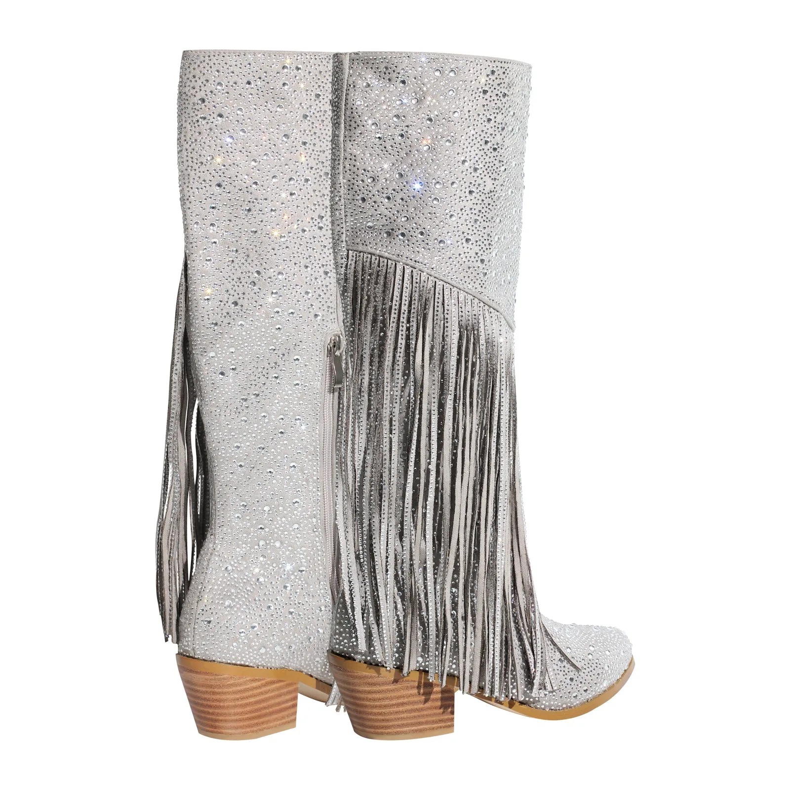 Chunky Heel Rhinestone Tassel Thigh High Boots