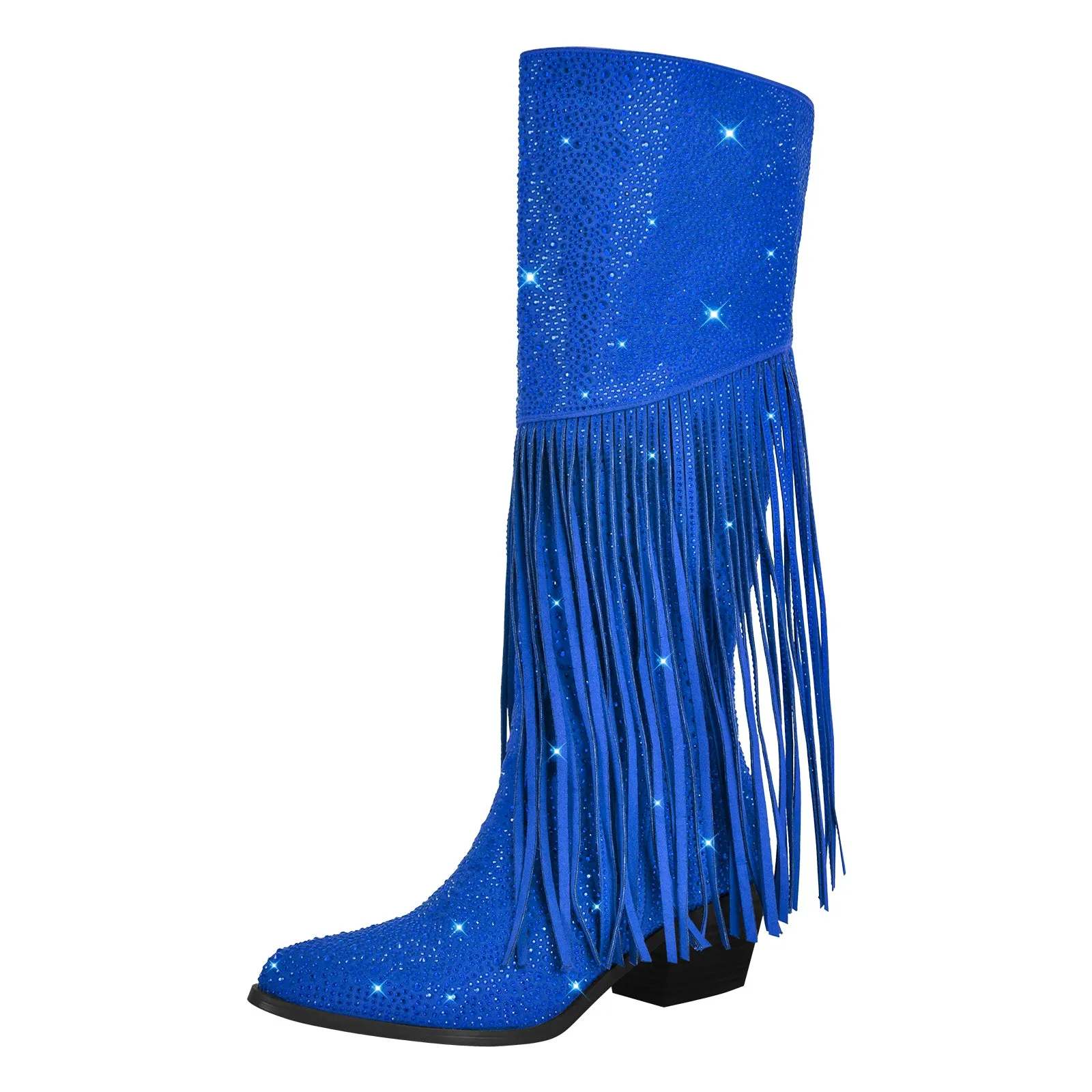 Chunky Heel Rhinestone Tassel Thigh High Boots