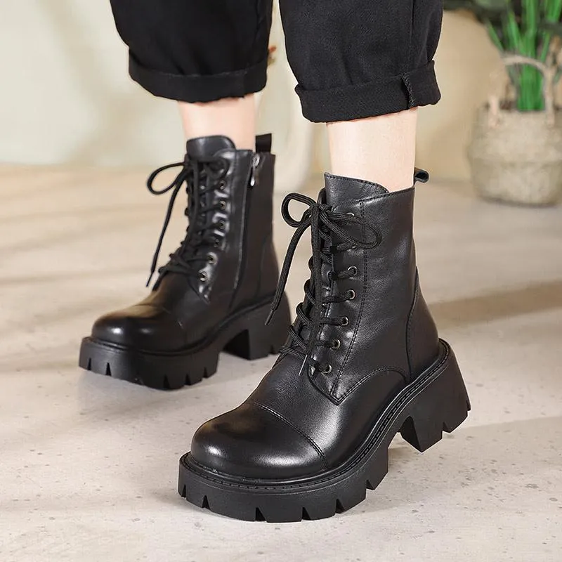 Genuine Leather Martin Boots Lace-Up Combat Boots Retro Chunky Ankle Boots