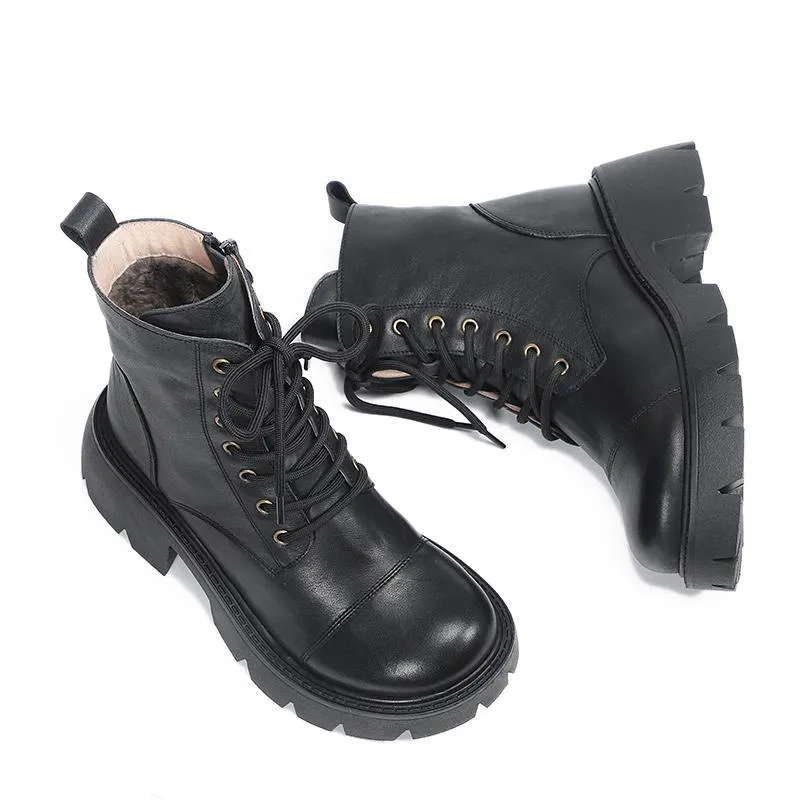 Genuine Leather Martin Boots Lace-Up Combat Boots Retro Chunky Ankle Boots