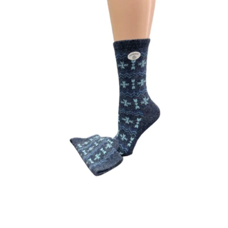 Geometrical Design Lambswool Crew, Blue, Brown Socks For Women & Girls