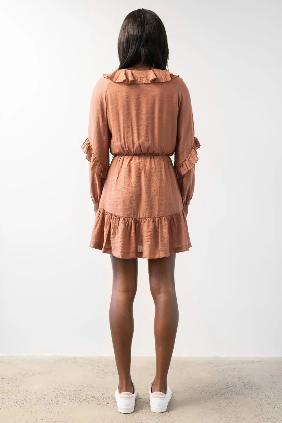 Gracious Nutmeg Texture Frill Neck LS Frill Hem Dress