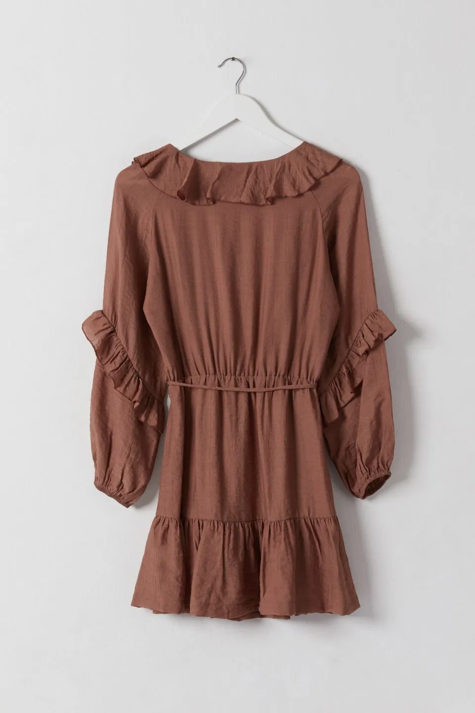 Gracious Nutmeg Texture Frill Neck LS Frill Hem Dress