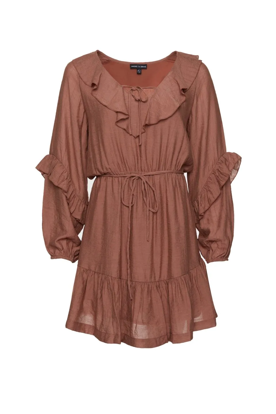 Gracious Nutmeg Texture Frill Neck LS Frill Hem Dress