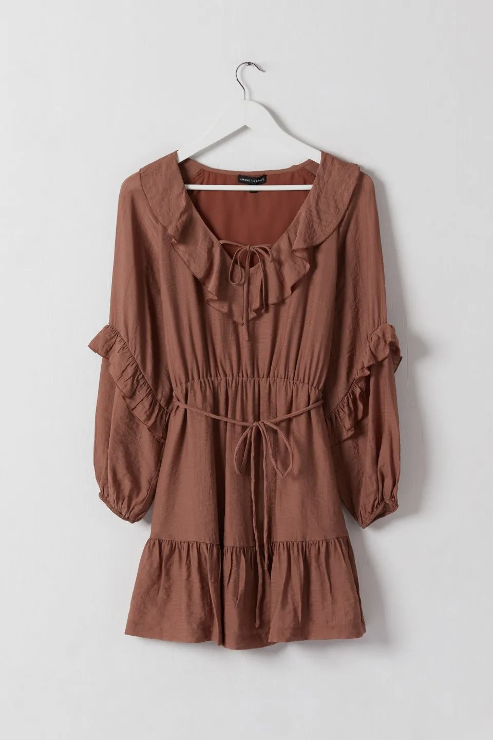 Gracious Nutmeg Texture Frill Neck LS Frill Hem Dress