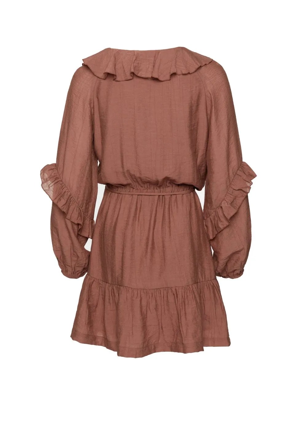 Gracious Nutmeg Texture Frill Neck LS Frill Hem Dress