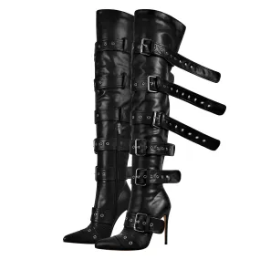 Multi Buckle Strap Thigh High Pointed Toe Stiletto Boots