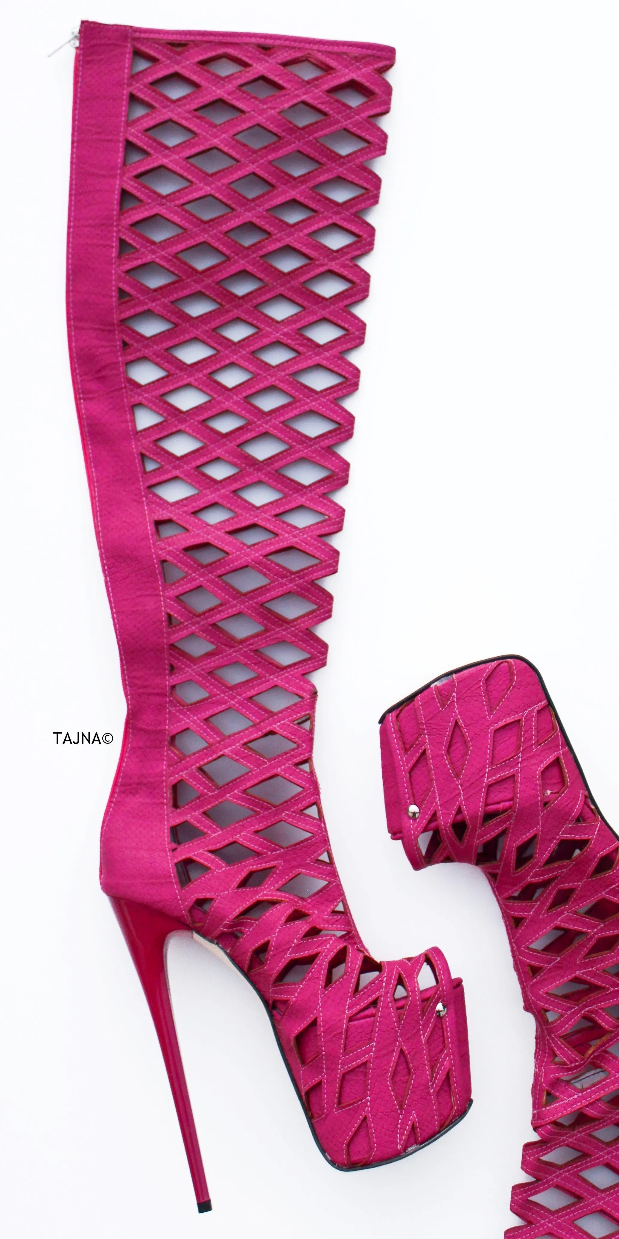 Pink Laser Cut Thigh High Boots