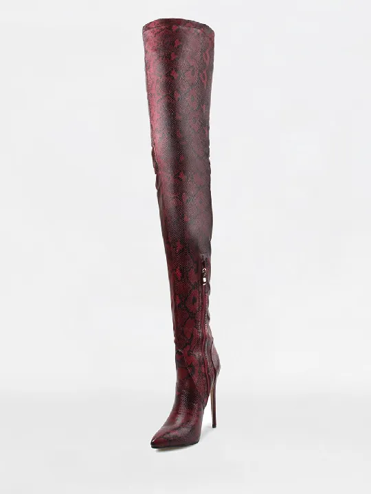 Red Python Lycra Stiletto Thigh High Boots