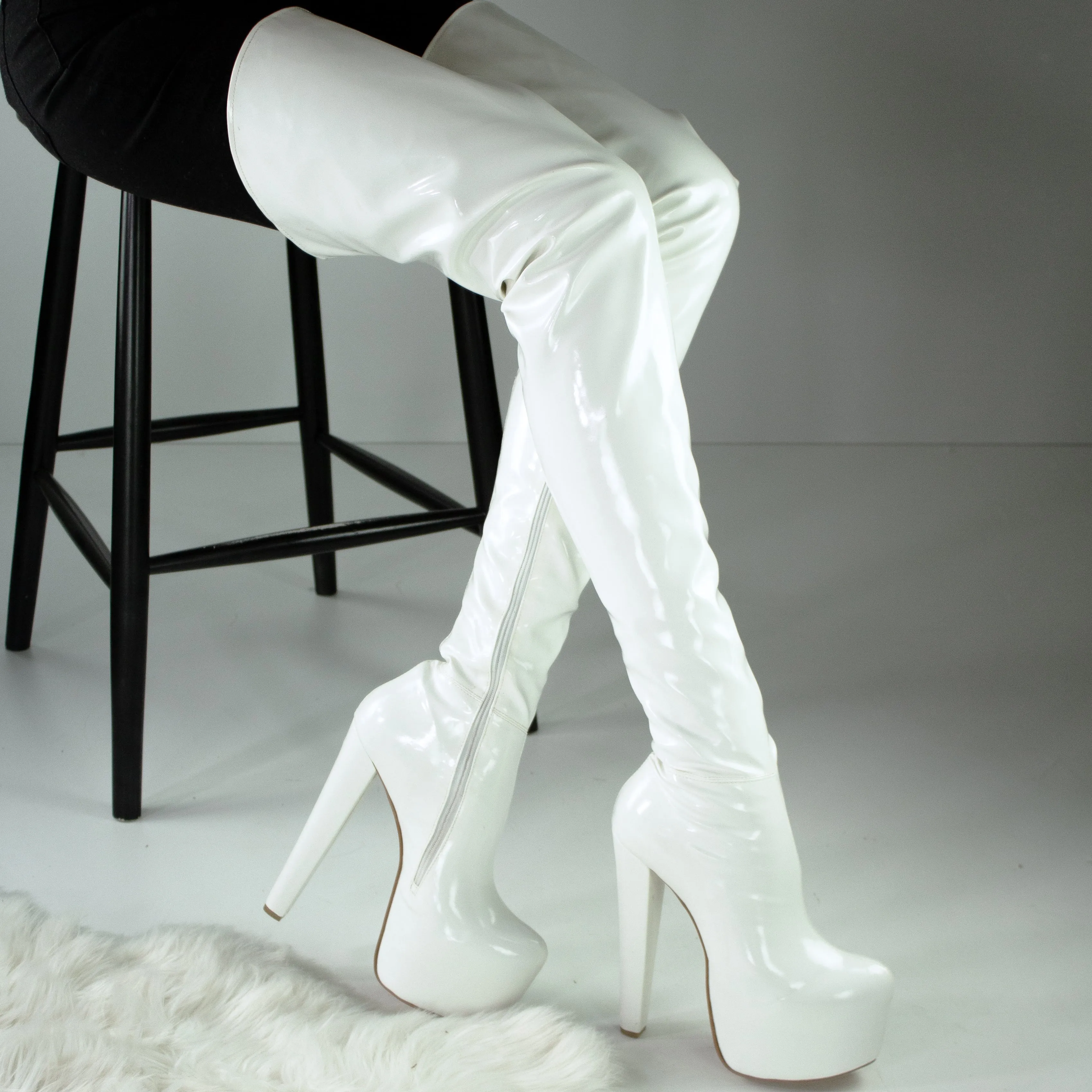 White Extra Long Black Gloss Stretch Thigh High Boots