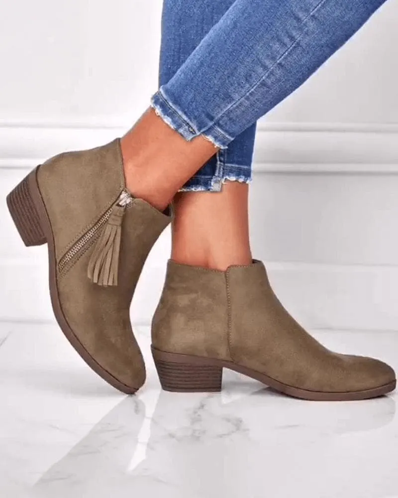 Stylish Womens Casual Ankle Boots with Zipper and Tassel Detail for Everyday Wear