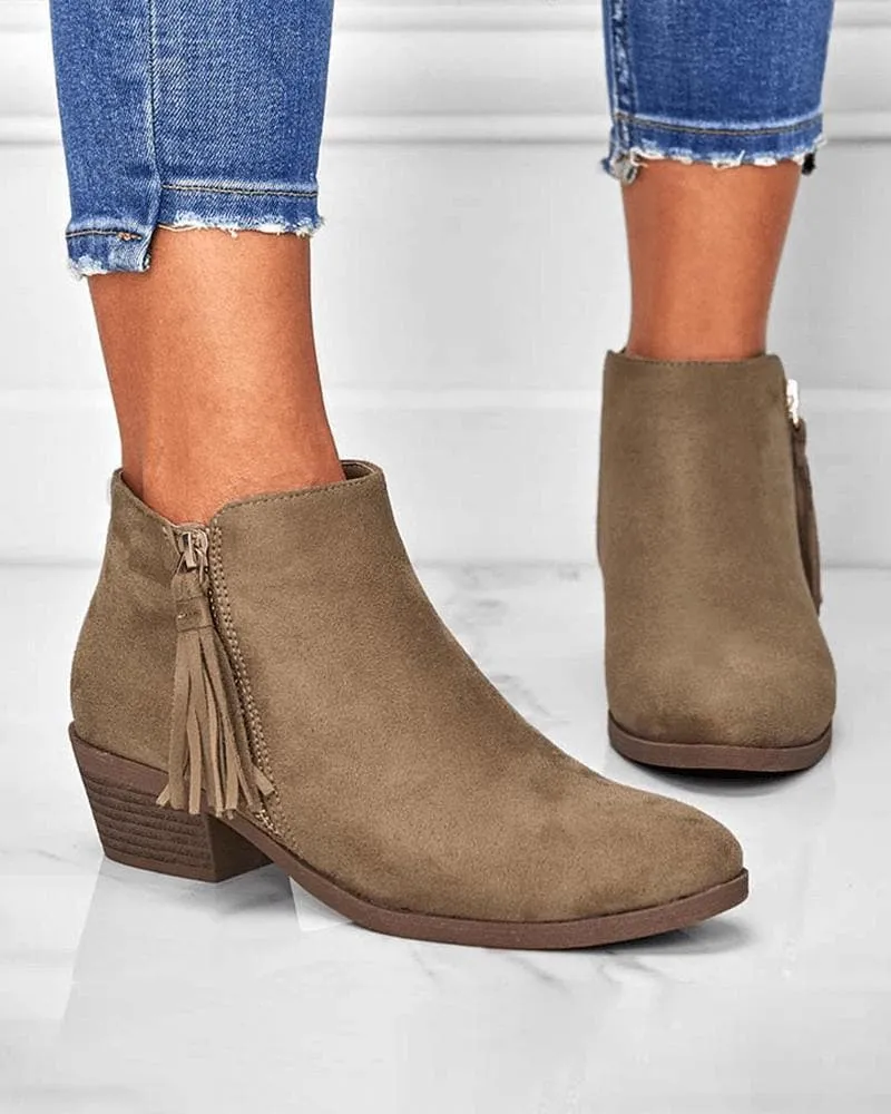 Stylish Womens Casual Ankle Boots with Zipper and Tassel Detail for Everyday Wear