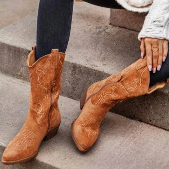 Women's Embroidery Mid Calf Chunky Heel Western Cowboy Boots