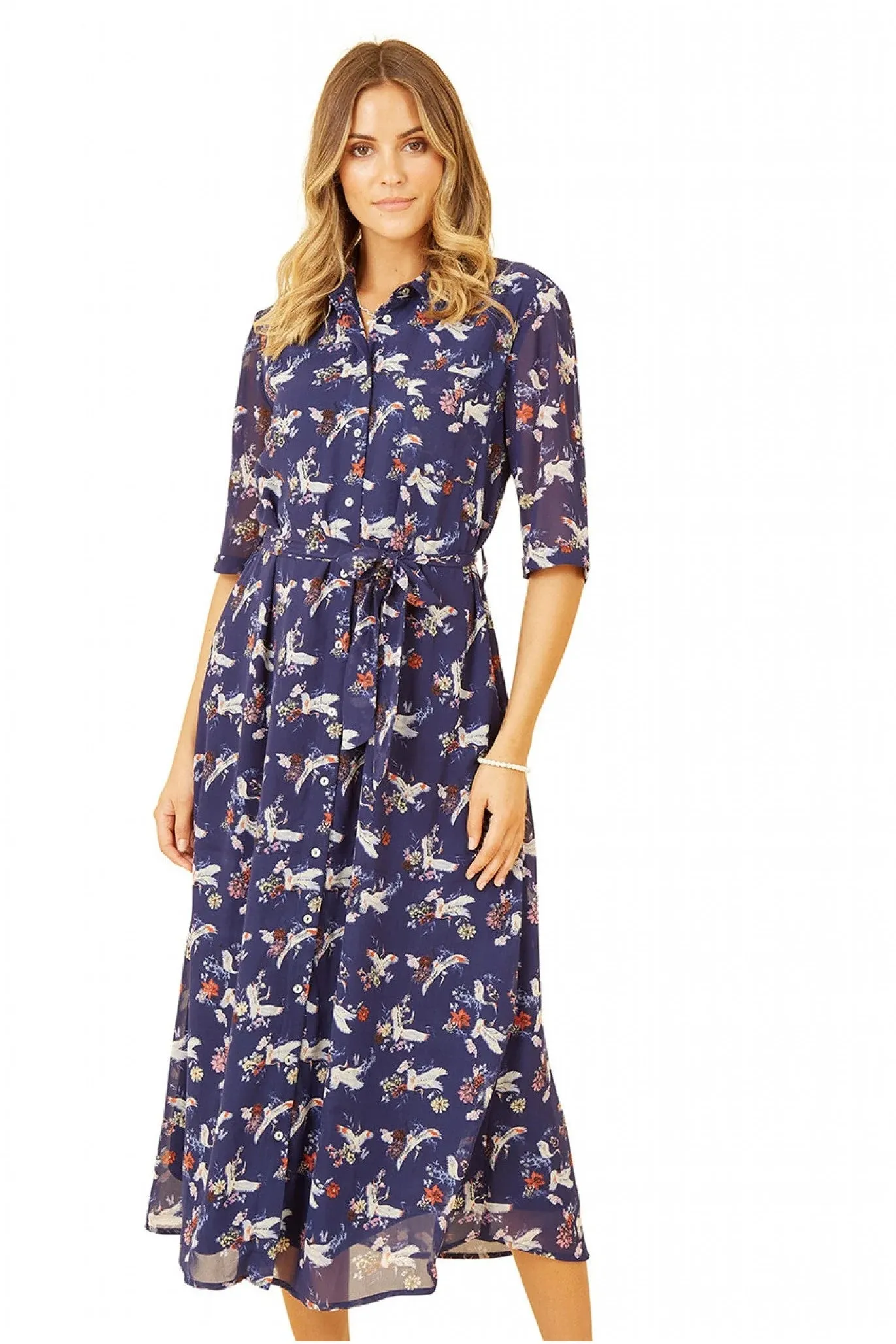 Yumi Navy Crane Print Midi Shirt Dress