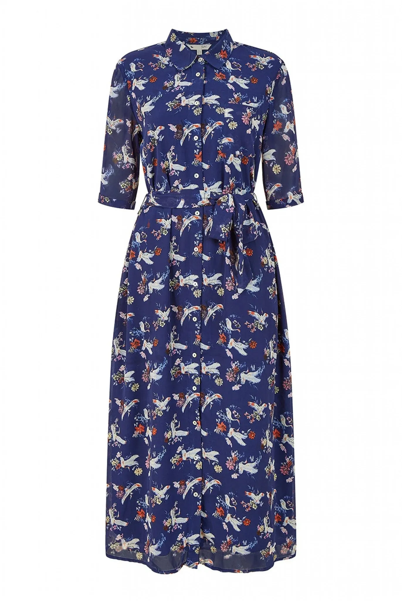 Yumi Navy Crane Print Midi Shirt Dress